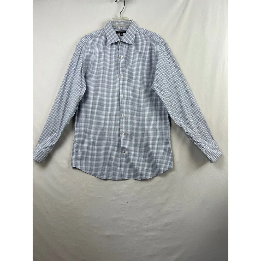 Banana Republic Dress Shirt Mens L Blue Non-Iron Slim Fit Micro-Check 16-16.5